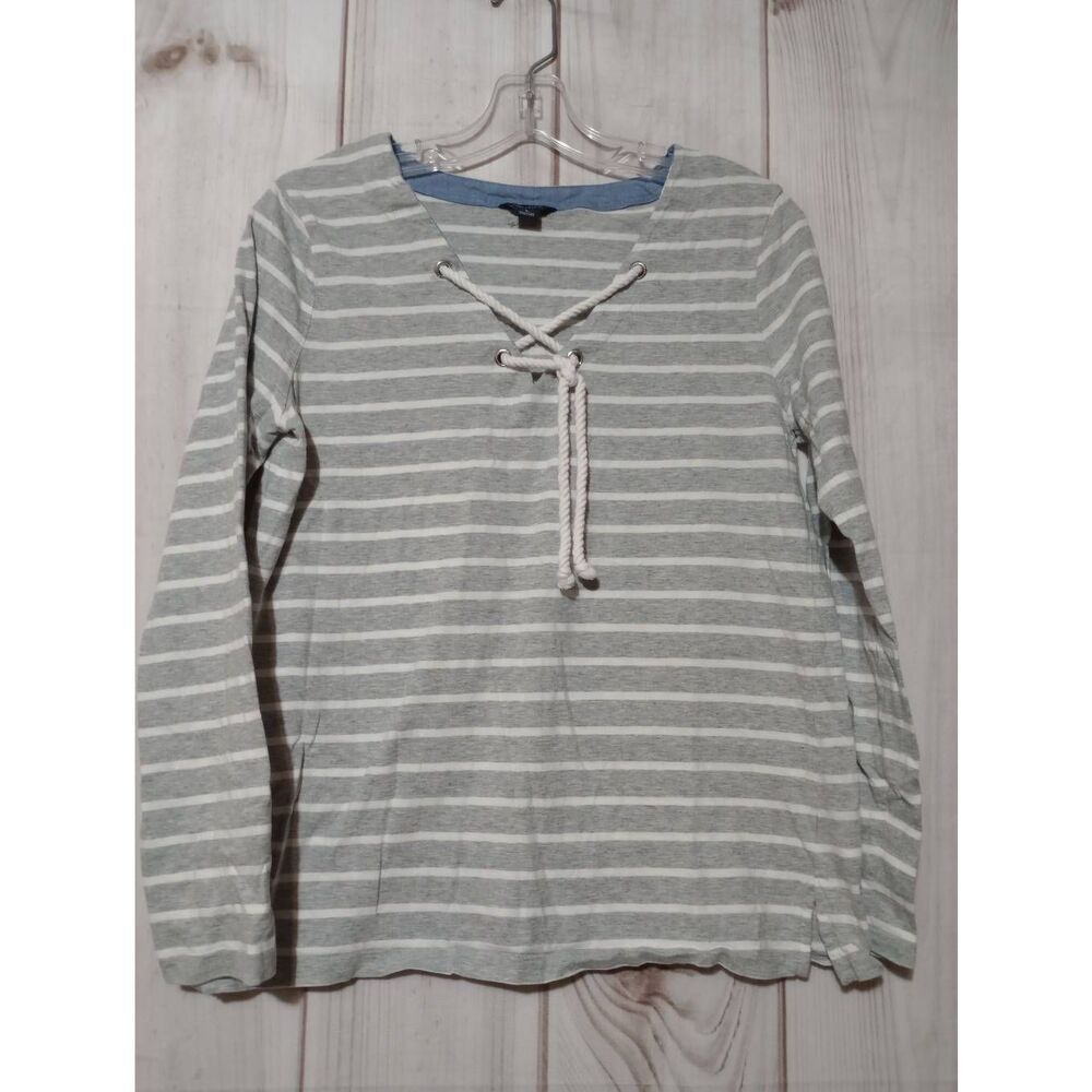 Nautica Shirt Ladies Large Gray White Striped Long Sleeve Nautical Comfortable